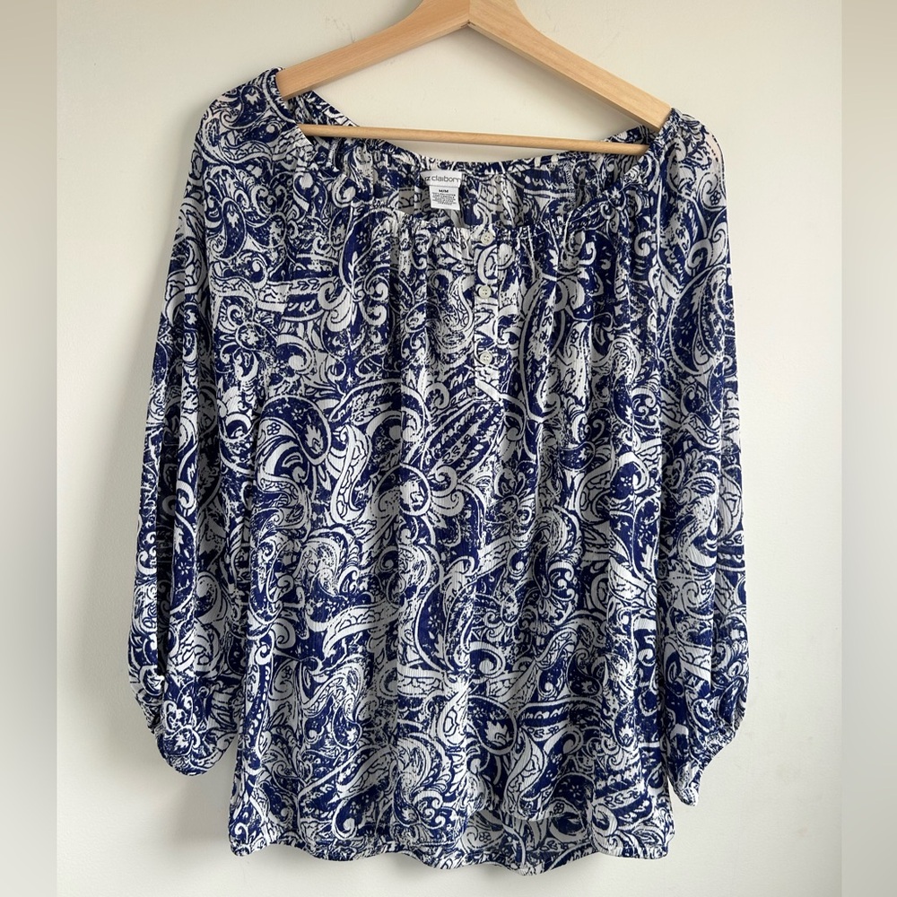 Liz Claiborne Blue and White Paisley Peasant Tunic